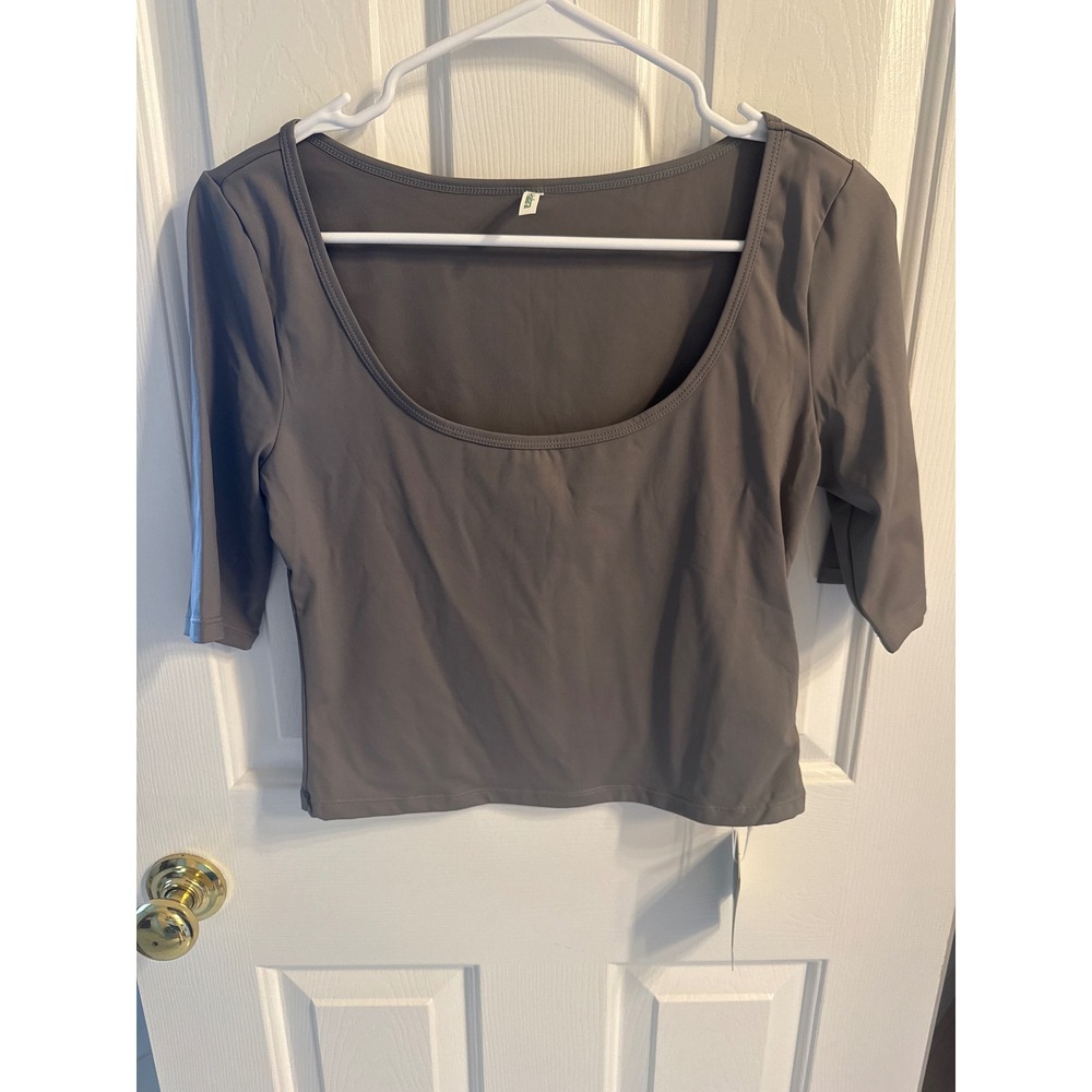 Halara SoftlyZero Airy Gray Scoop Neck Cropped Elbow Sleeve Top Womens Large NWT